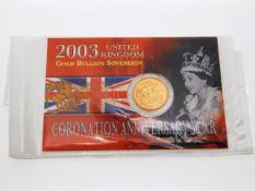 A 22ct gold 2003 UK full sovereign in presentation