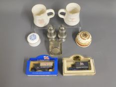 Two diecast vehicles, a pewter cruet set & china i