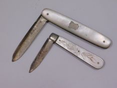 Two mother of pearl handled silver bladed fruit kn