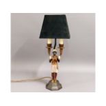 A figurative spelter style table lamp with shade, 20in high inclusive