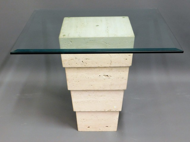 A Mactan stone occasional table 27.5in square x 21
