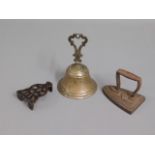 An antique brass servants call bell, a miniature n