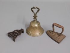 An antique brass servants call bell, a miniature n