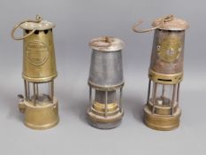 Three miners lamps, The Protector 10.25in high twi