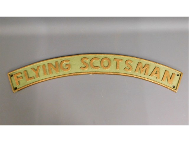 A cast iron Flying Scotsman train railway sign 35.5in wide x 4.15in long