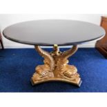 A Brights of Nettlebed Regency reproduction marble table with gilded Dolphin base, 47in diameter x 3