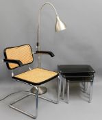An Italian designed cane & chrome chair twinned wi