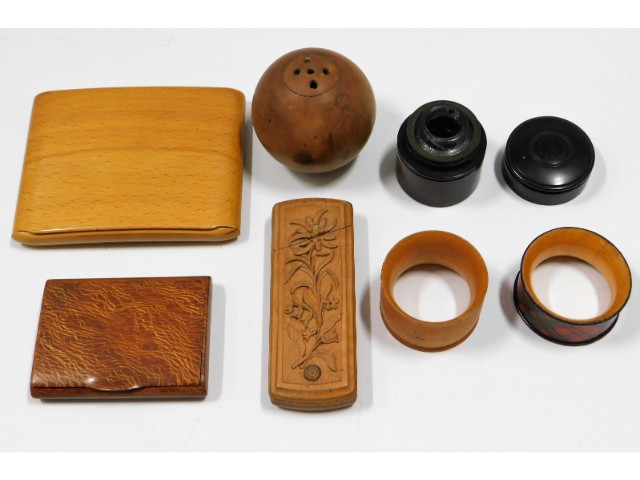 Treen: A 19thC. Coromandel style wood inkwell, a c