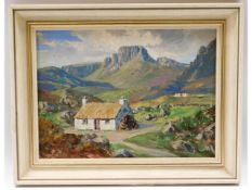 A framed oil on panel of a Scottish croft by Willi