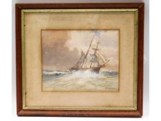 A framed watercolour of ship at sea by W. Vernon,