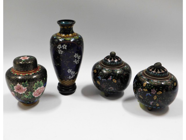 A pair of c.1900 Japanese cloisonne lidded jars, l