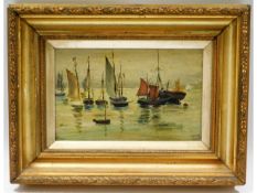 A 19thC. gilt framed oil on panel of sailboats in