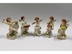 A set of five Dresden cherub musicians, 4.625in ta