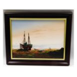 A framed oil on canvas depicting boat at low tide