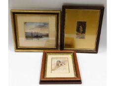 Three framed watercolours of fishermen & a water m