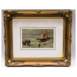 A framed 19thC. small oil depicting sailboats on b