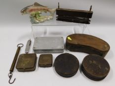A quantity of accessories & other items relating to fishing including Salter scales & tackle boxes