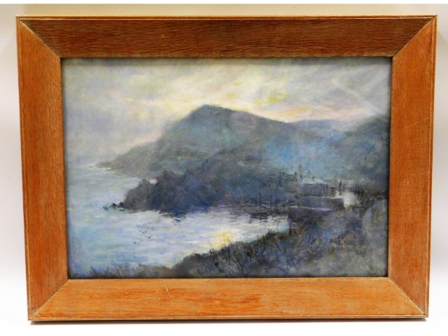 An oak framed watercolour of Polperro harbour in m
