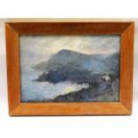 An oak framed watercolour of Polperro harbour in m