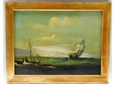 A framed oil on canvas of ships at sea by H. J. Mo