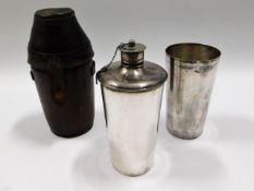 A vintage leather cased silver plated flask & cup,