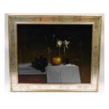 A framed still life oil on canvas by Mike Woods, i