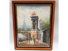 A framed Parisian street scene oil, possibly by Ca