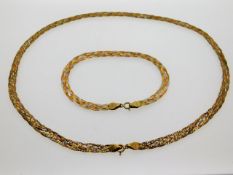 A 9ct three colour gold mesh necklace & bracelet,