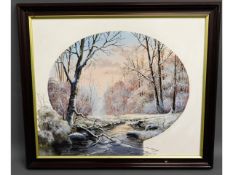 A framed oil on canvas depicting wintry River Plym