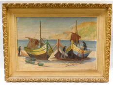 A gilt framed oil depicting Portuguese fishing boa