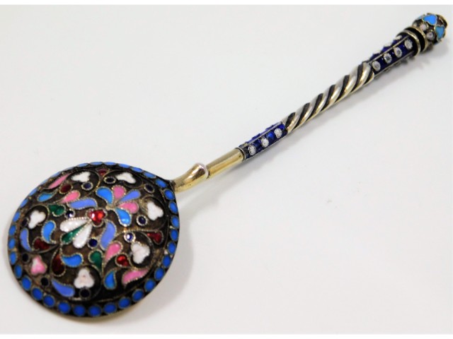 A Russian enamelled silver spoon with gilded bowl,