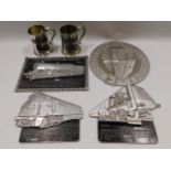 Four alloy BREL limited edition railway plaques twinned with two railway related pewter tankards, la