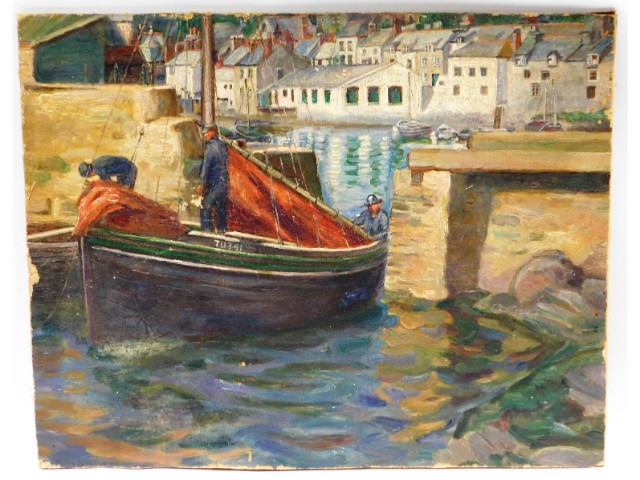 An early 20thC. oil on canvas laid to panel of trawler leaving Polperro harbour believed to by by Lo