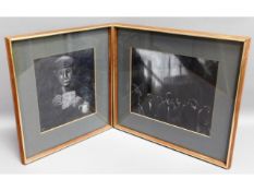Two framed charcoal pictures by Colin Moss, "The M