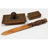 Treen: A 19thC. carved walnut blotter, a similar p