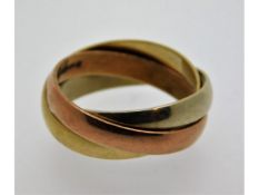 A three colour 9ct gold trinity ring, size I, 3.8g