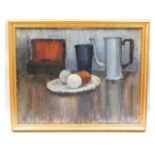 A framed oil on panel still life, note to verso by