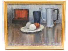 A framed oil on panel still life, note to verso by