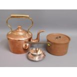 A Georgian copper kettle, a copper pan with lid &