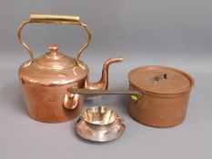 A Georgian copper kettle, a copper pan with lid &