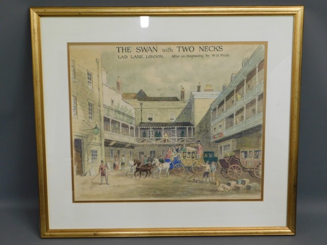 A framed watercolour after an engraving by W. H. P