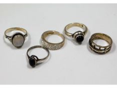 Five silver & white metal rings