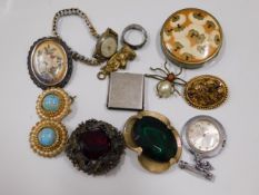 A silver mounted floral brooch & other costume ite