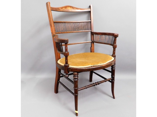 An inlaid Arts & Crafts style walnut armchair, som