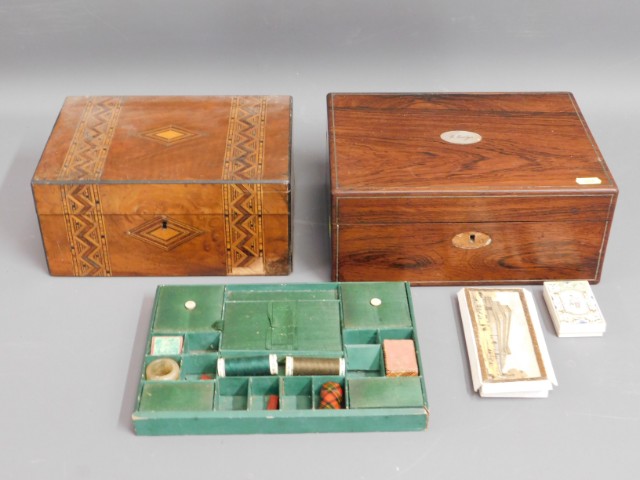 A rosewood sewing box with contents twinned with m
