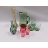 Three cranberry glass tumblers & other glassware