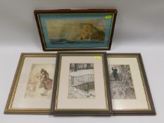 A B. Wadham watercolour seascape of St Agnes twinned with three Arthur Rackham prints