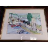 A watercolour of Looe train station twinned with o