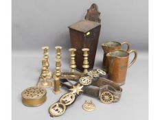 A candle box, two copper Reeves & Co. Ltd. jugs &