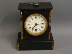 A Victorian slate clock with marble inlay, dial cr